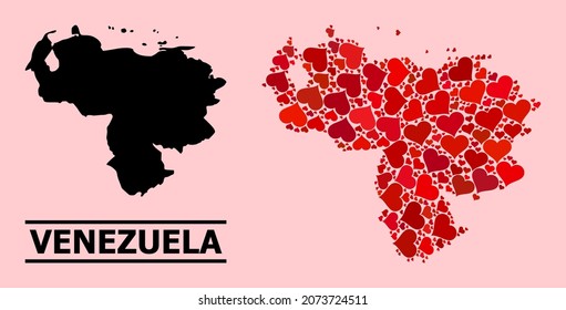 Love collage and solid map of Venezuela on a pink background. Collage map of Venezuela is composed with red love hearts. Vector flat illustration for love abstract illustrations.