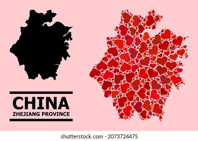 Love collage and solid map of Zhejiang Province on a pink background. Collage map of Zhejiang Province is formed with red lovely hearts. Vector flat illustration for love abstract illustrations.