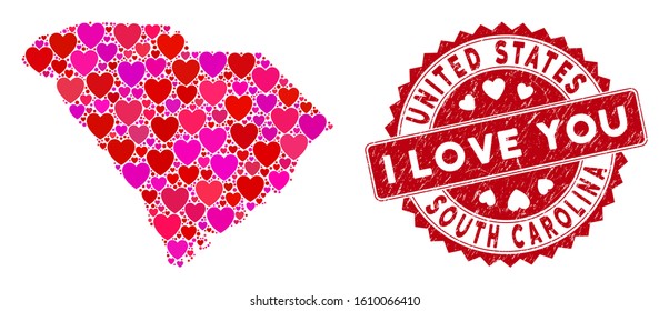 Love collage South Carolina State map and grunge stamp watermark with I Love You message. South Carolina State map collage composed with random red heart elements.