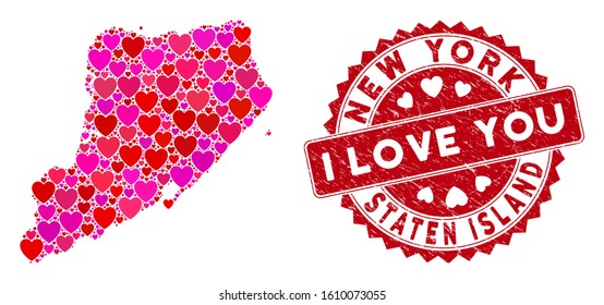 Love collage Staten Island map and rubber stamp seal with I Love You caption. Staten Island map collage constructed with random red heart elements.