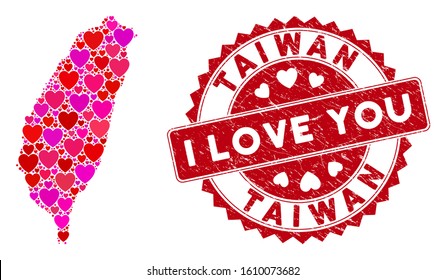 Love collage Taiwan Island map and grunge stamp watermark with I Love You caption. Taiwan Island map collage created with scattered red heart elements.