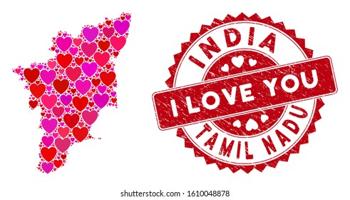 Love collage Tamil Nadu State map and corroded stamp seal with I Love You text. Tamil Nadu State map collage created with random red heart items. Red rounded I Love You seal stamp with grunge texture.