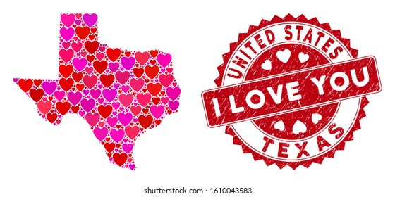 Love collage Texas map and distressed stamp watermark with I Love You text. Texas map collage formed with random red heart items. Red rounded I Love You stamp with distress texture.