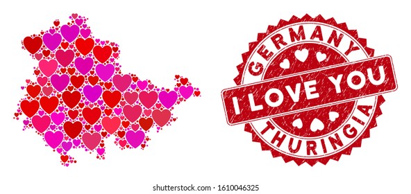 Love collage Thuringia Land map and grunge stamp seal with I Love You phrase. Thuringia Land map collage created with randomized red heart icons.
