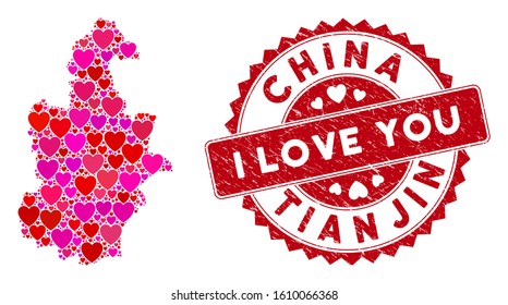 Love collage Tianjin City map and corroded stamp seal with I Love You message. Tianjin City map collage created with randomized red heart symbols. Red round I Love You seal with unclean texture.