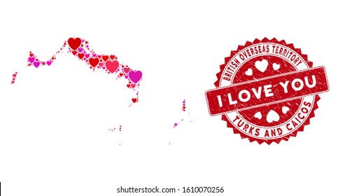 Love collage Turks and Caicos Islands map and rubber stamp watermark with I Love You words. Turks and Caicos Islands map collage designed with scattered red heart items.