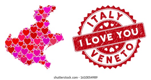 Love collage Veneto region map and grunge stamp seal with I Love You words. Veneto region map collage composed with randomized red heart symbols.