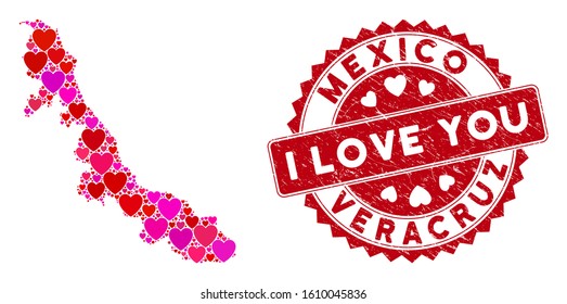 Love collage Veracruz State map and grunge stamp watermark with I Love You badge. Veracruz State map collage created with scattered red heart icons. Red round I Love You seal with distress texture.