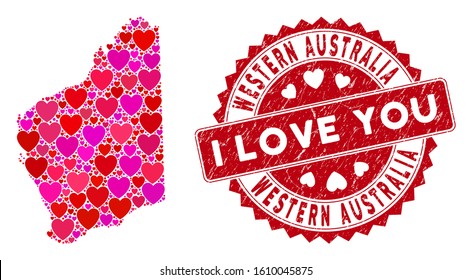 Love collage Western Australia map and distressed stamp watermark with I Love You badge. Western Australia map collage formed with randomized red heart icons.