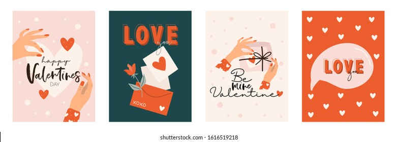 Love Collection With 4 Cards And Lettering. Perfect For Valentines Day, Stickers, Birthday, Save The Date Invitation. Romantic And Cute Elements And Lovely Typography. Vector Illustration.