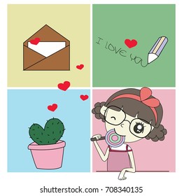 Love collection with 4 cards  for valentines day, stickers, birthday, save the date invitation.