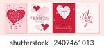 Love collection 4 postcards with hearts and lettering. Perfect for Valentines day invitation. Romantic and cute lovely cards set