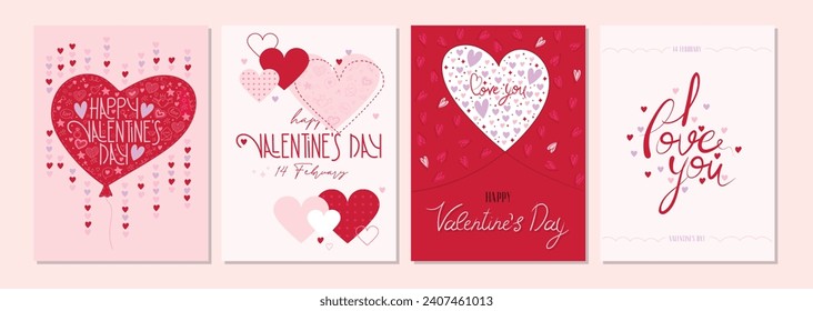 Love collection 4 postcards with hearts and lettering. Perfect for Valentines day invitation. Romantic and cute lovely cards set