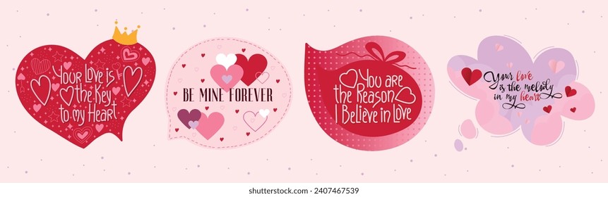 Colección de amor de 4 burbujas de discursos con bonitas citas con letras para los amantes. Juego de stickers románticos de San Valentín