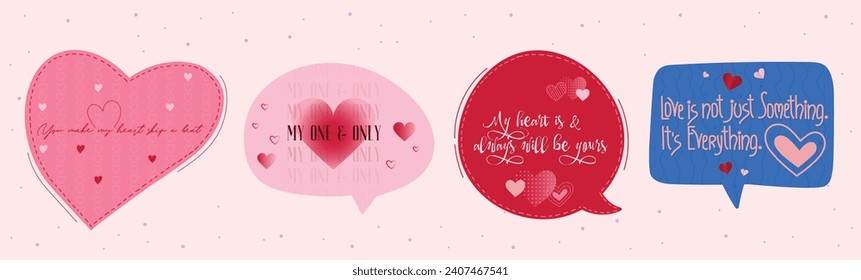 Love collection 4 speech bubbles with lovely lettering quotes for lovers. Valentine's day romantic stickers set