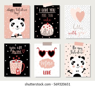 Love collection with 6 cards with panda. Perfect for Valentines day, stickers, birthday, save the date invitation. Vector illustration