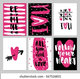 Love collection with 6 cards. Perfect for valentines day, stickers, save the date invitation.  Vector illustration. Be mine. I love you. All you need is love. Follow your heart. Tick-tack-toe.