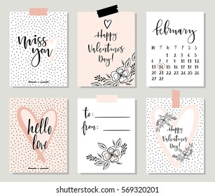 Love collection with 6 cards. Perfect for Valentines day, stickers, birthday, save the date invitation. Vector illustration