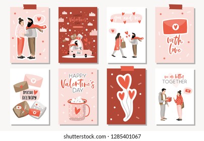 Love collection with 8 cards. Perfect for Valentines day, stickers, birthday, save the date invitation. Vector illustration