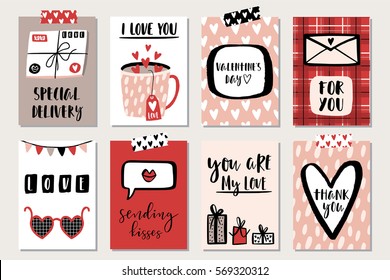 Love collection with 8 cards. Perfect for Valentines day, stickers, birthday, save the date invitation. Vector illustration