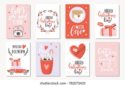 Love collection with 8 cards. Perfect for Valentines day, stickers, birthday, save the date invitation. Vector illustration