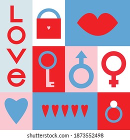 Love collection with cards and elements. Perfect for Valentines day, stickers, birthday, save the date invitation. Romantic and cute elements. Vector illustration. Key, lock, lips, gender symbols.