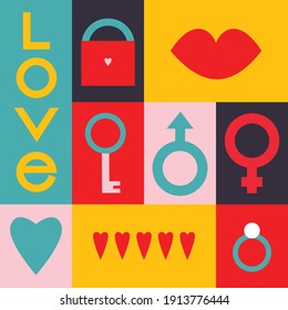 Love collection with cards and elements. Perfect for Valentines day, stickers, birthday, save the date invitation. Romantic and cute elements. Vector illustration.