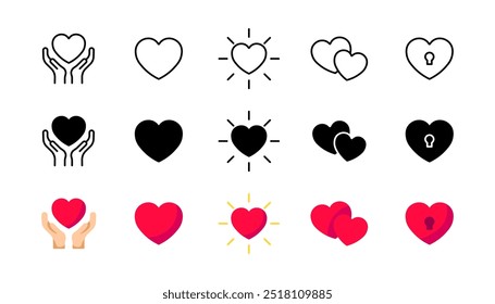 Love collection icons. Heart icons. Linear, silhouette and flat style. Vector icons.