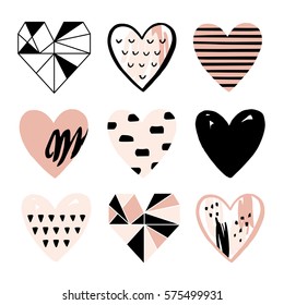 Love collection of romantic hand drawn hearts with different textures. Perfect for Valentines day, stickers, birthday, save the date invitation. Vector illustration