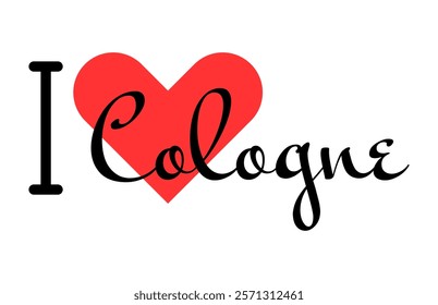 I love Cologne, city of Germany. Hand drawn letters with red heart. Vector illustration lettering, modern design for print t shirt, banner, poster, sticker or label.