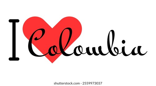 I love Colombia. Hand drawn letters with red heart. Vector illustration, lettering in modern design for print t shirt, banner, poster, sticker or label.