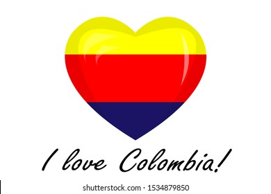 I love Colombia! Heart shape with glossy effect on white background. Flag template for print, textiles, cap, T-shirts, web page graphic design, sticker, label, card or country anniversary.