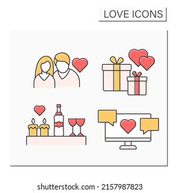 Love color icons set. Family, couple, presents, romantic dinner and virtual conversation. Relationship concept. Isolated vector illustrations