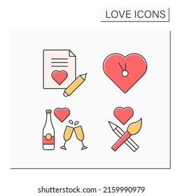 Love color icons set. Love letter, heart-shaped clock, champaign and crossed brush. Relationship concept. Isolated vector illustrations