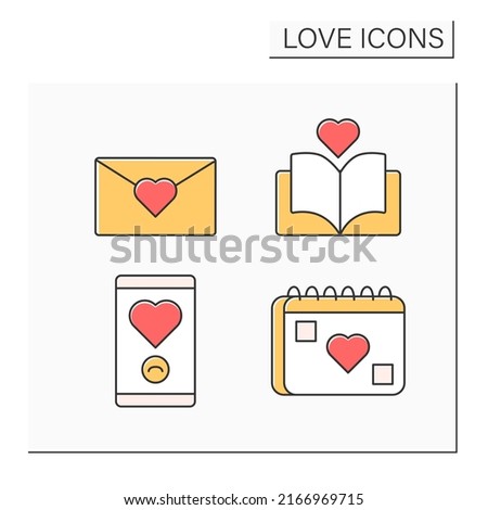 Love color icons set. Love letter, romantic book, notification and calendar. Relationship concept. Isolated vector illustrations