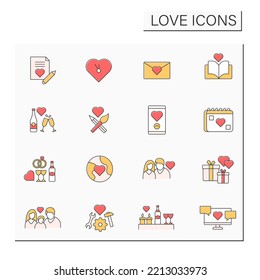Love color icons set. Romantic relations between people. Relationship concept. Isolated vector illustrations