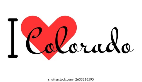Eu amo o estado do Colorado, nos Estados Unidos da América. Cartas desenhadas à mão com coração vermelho. Ilustração de vetor de regiões dos EUA