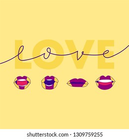 Love and colorful lips saying love. Cartoon character mouth and lips sync for pronunciation love word. Picture and words for posters, t-shirts, cards, cups, bags and wall art. Vector design set