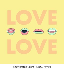 Love and colorful lips saying love. Cartoon character mouth and lips sync for pronunciation love word. Picture and words for posters, t-shirts, cards, cups, bags and wall art. Vector design set