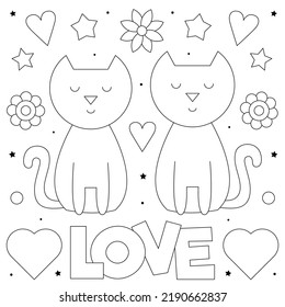 Love. Coloring page. Black and white vector illustration of a couple of cats