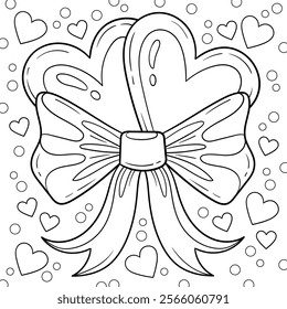 Love coloring page, two hearts with a bow, surrounded by confetti. Valentine's Day illustration. Coloring greeting card. Love themed drawing