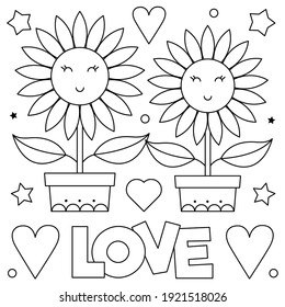 Love. Coloring page. Vector illustration of couple of flowers.