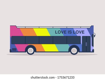 Love is Love, a colourful rainbow LGBTQ bus, Happy Pride month, Gay, Lesbian, Bisexual, Transgender, Queer community rights