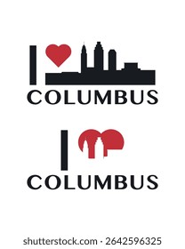 I love Columbus vector art, badge, tag, icon, logo concept. USA, Ohio state city landmarks and heart isolated image layout for print, image, card
