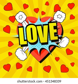 Love comic cartoon text. Pop-art style. The illustration with speech blot, hearts and funny spiral background. Template for web and mobile applications
