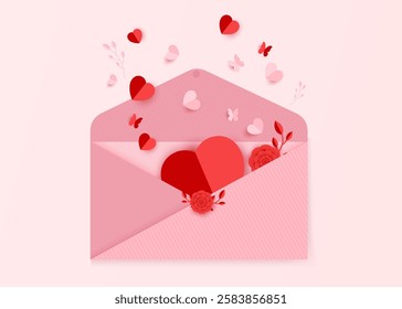 Love is coming out of the envelope made with paper cut style. Valentin's Day envelope design vector with heart.  Love envelop design with paper cut flying heart, rose, paper cut butterfly, and leaf. 