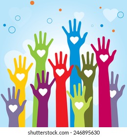 Love and communication between people. Human hands and icons of hearts. 