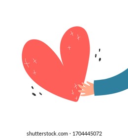 Love and compassion. Cartoon hand holding heart isolated on white background. Colorful vector illustration, flat style, hand drawing. Valentine day, romantic holiday symbol. social aid design element,