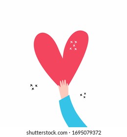 Love and compassion hand drawn vector illustration. Hand holding heart isolated on white background. Valentine day, romantic holiday symbol. Charity work, philanthropy, social aid design element