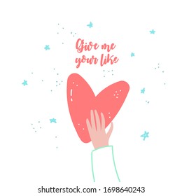 Love And Compassion Hand Drawn Vector Illustration. Hand Holding Heart. Give Me Your Like. Valentine Day, Romantic Holiday Symbol. Charity Work, Philanthropy, Social Aid Design Element